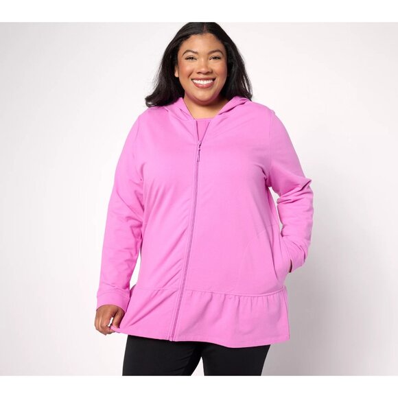 Denim & Co. Active French Terry Hooded Tunic w/ Flounce Rosebud Petite L A636274 - Picture 1 of 2